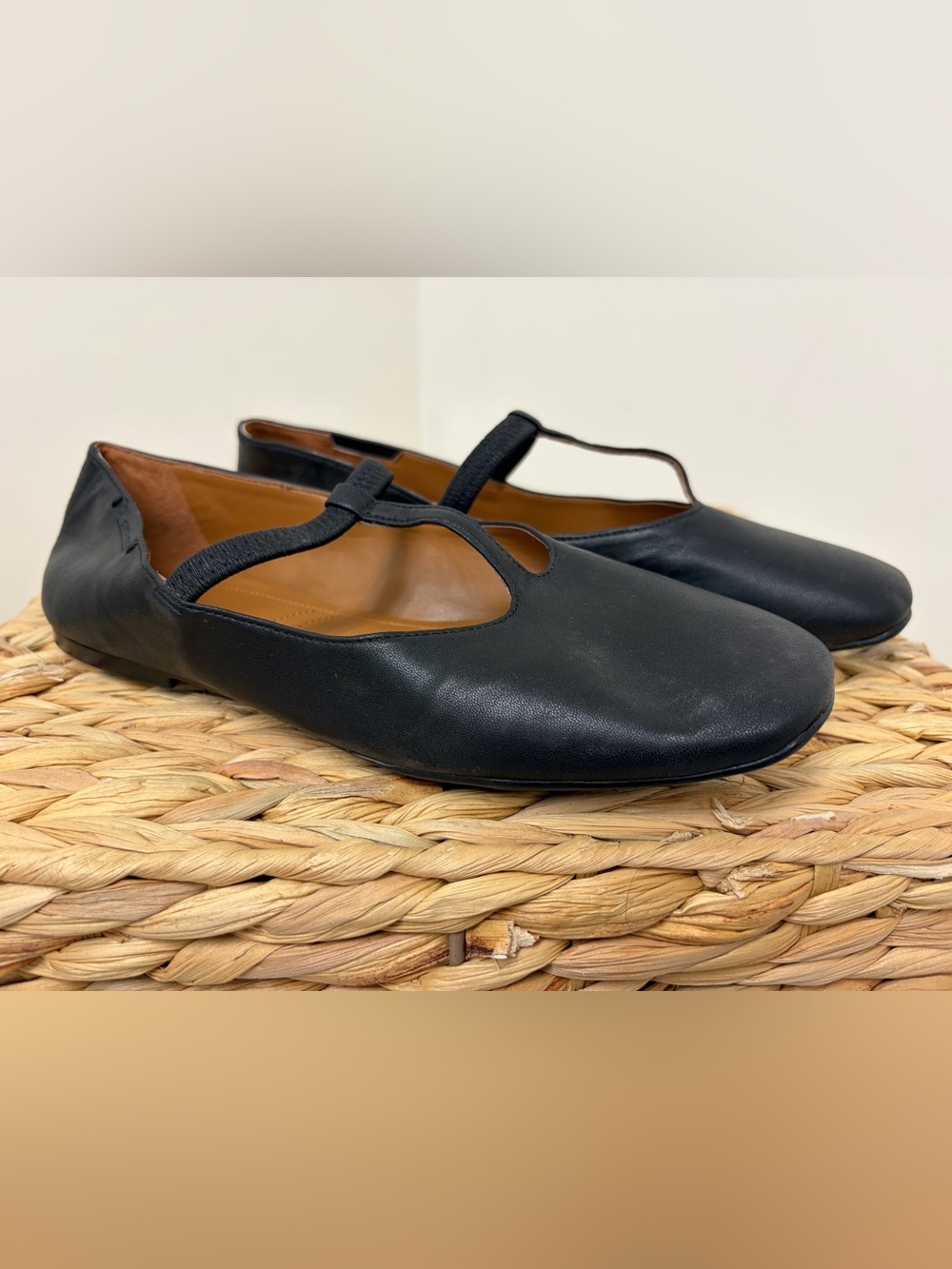 Franco Sarto Black Leather Elastic T-Strap Flats